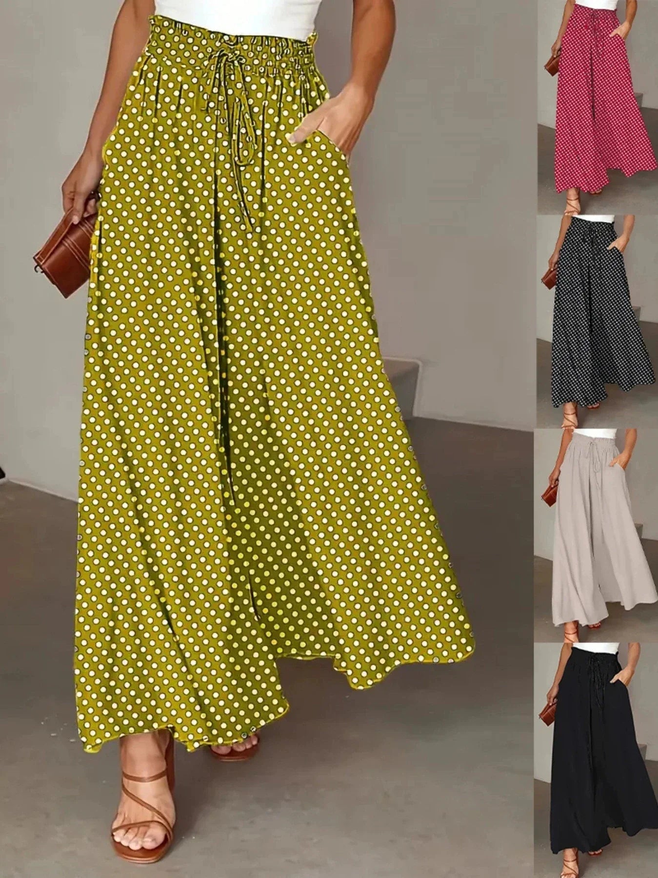 Pantalon Fluide à Jambes Larges avec Taille Élastique à Pois