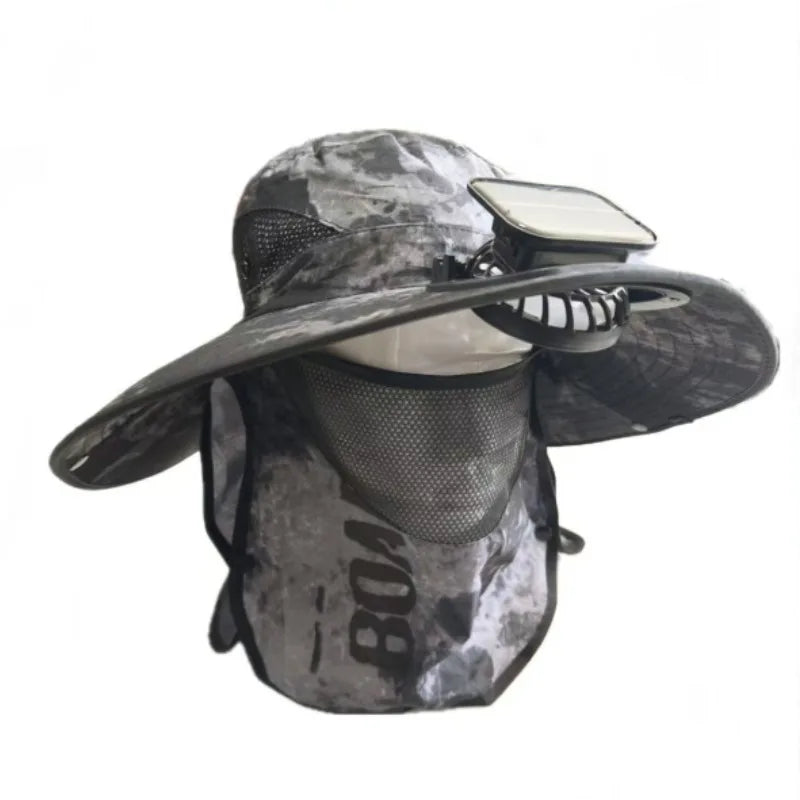 Chapeau Anti-UV 3 EN 1 avec Ventilateur Solaire Intégré et Large Bord - Masque Amovible