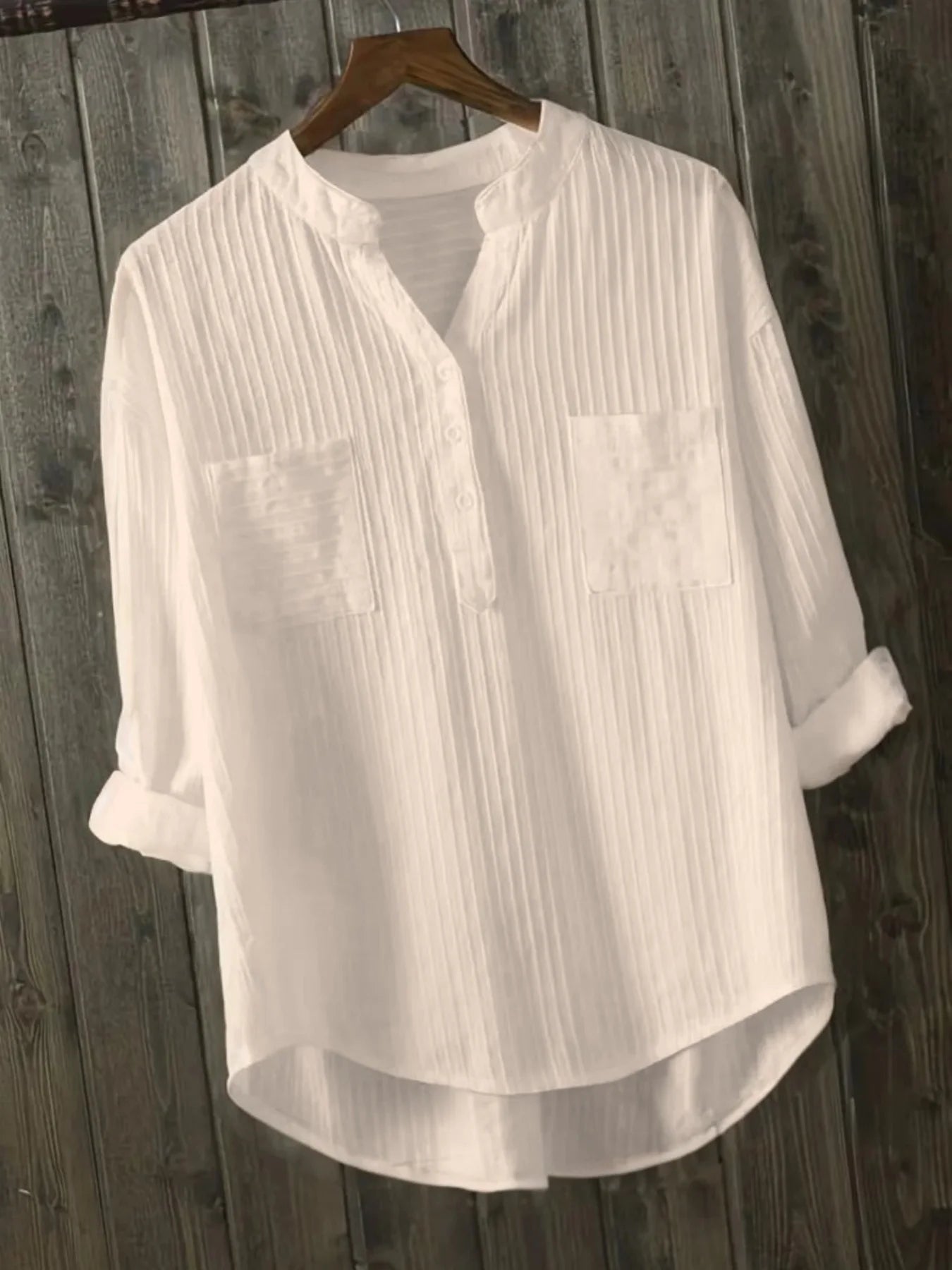 Chemise Col Mao à Boutons Manches 3/4 Retroussables & Poches - Femme