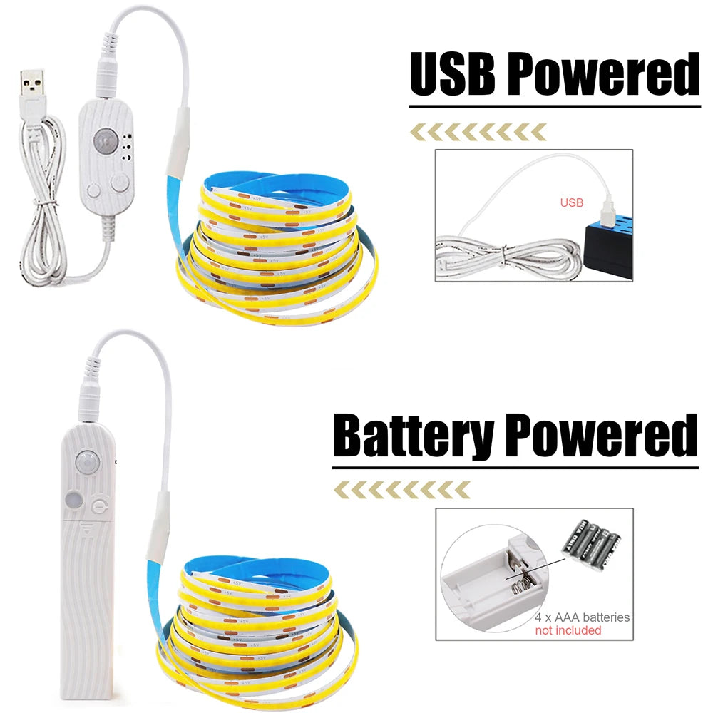 Bande 320 LED COB 5V avec Capteur de Mouvement, Flexible & Rechargeable USB – 8 Couleurs & 5 Tailles
