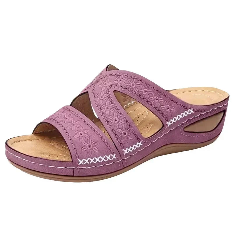 Sandales Mules Ortho+ à Talon Compensé à Motif Fleurs Cousues