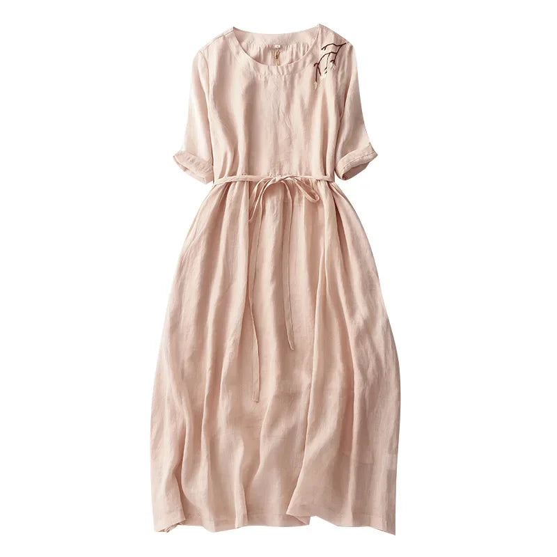 Robe Brodée Légère Manches Courtes avec Ceinture - Printemps/ Été 2026