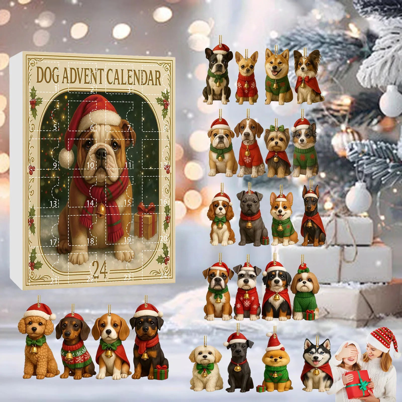 Calendrier de l'Avent 24 Ornements Chiens de Noël
