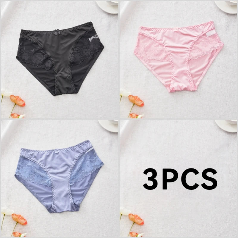 Lot de 3 Culottes en Satin Sexy avec Dentelle