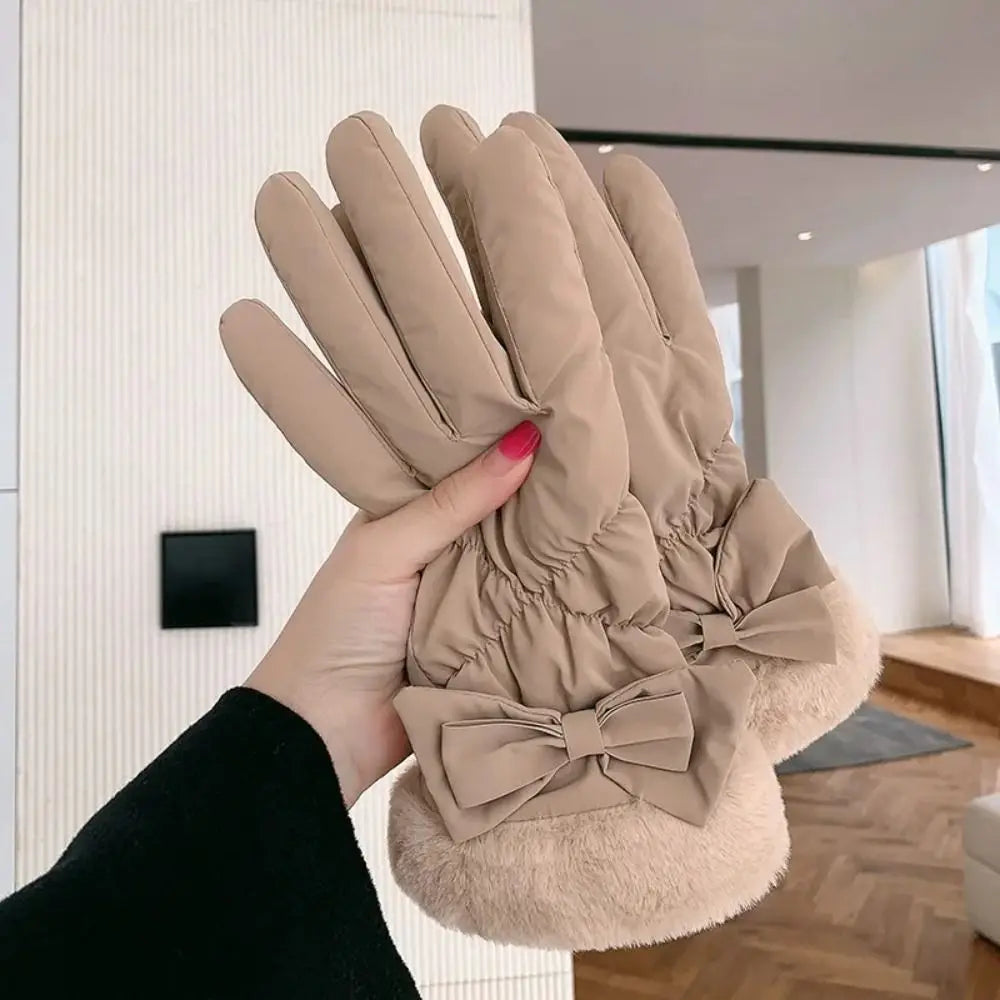Gants chauds & imperméables intérieur fausses fourrure avec noeud