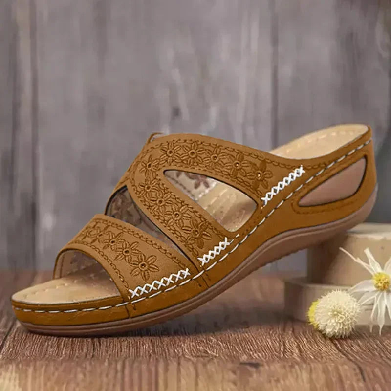 Sandales Mules Ortho+ à Talon Compensé à Motif Fleurs Cousues