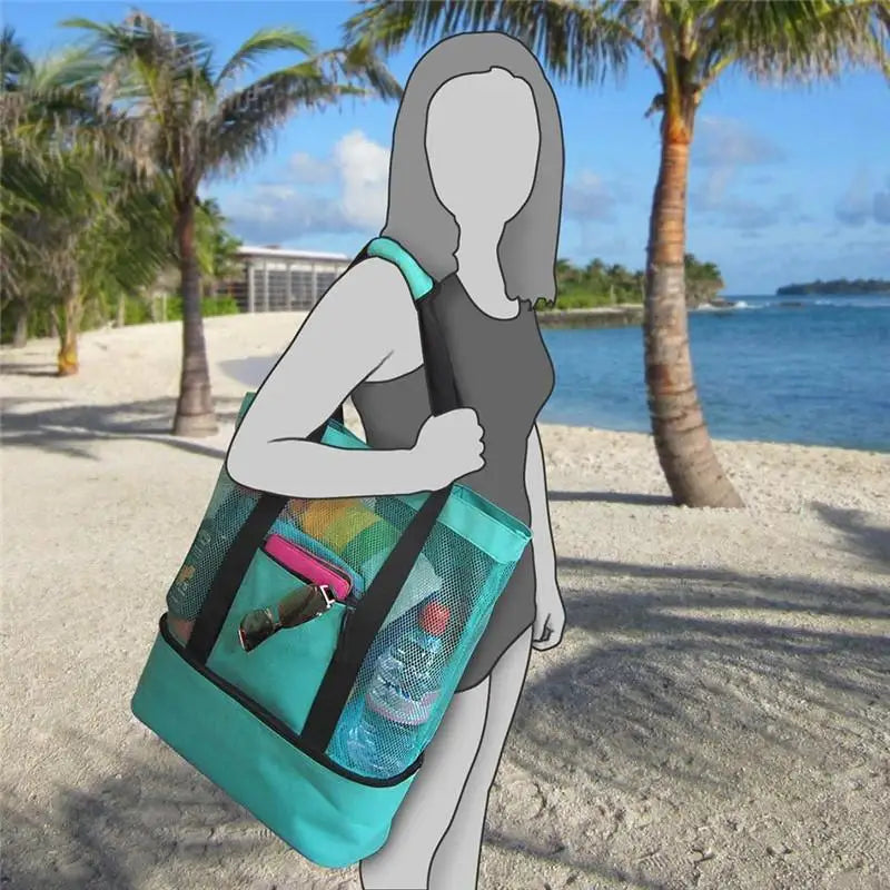 Grand Sac de Plage en Maille avec Compartiment Isotherme – Fourre-Tout pour Pique-Nique, Camping et Loisirs