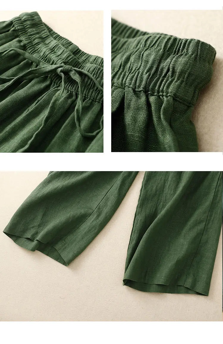 Pantalon Rétro en Coton & Lin Ample Femme - Mi-Saison