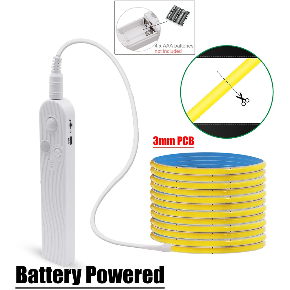 Bande 320 LED COB 5V avec Capteur de Mouvement, Flexible & Rechargeable USB – 8 Couleurs & 5 Tailles