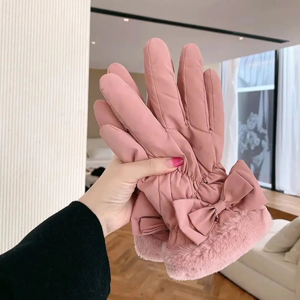 Gants chauds & imperméables intérieur fausses fourrure avec noeud