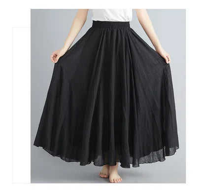 Jupe Longue en Coton & Lin à Taille Haute Élastique