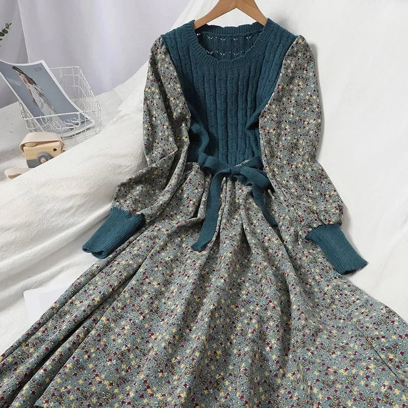 Robe longue bi-matière en tricot et à motif floral automnale