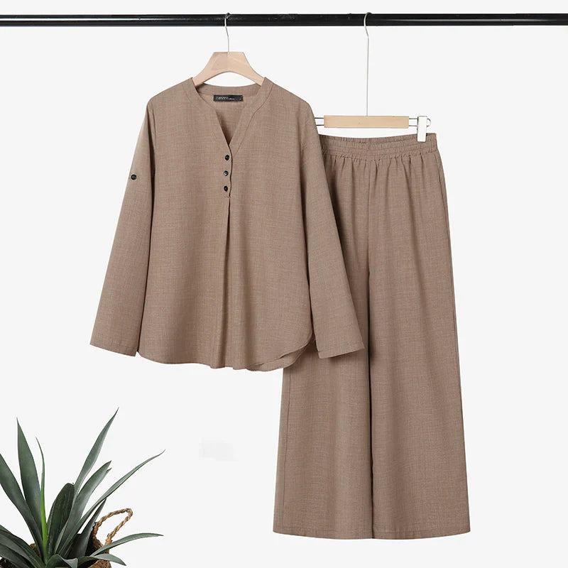 Ensemble Femme 2 Pièces – Blouse Semi-Boutonnée et Pantalon Large Décontracté