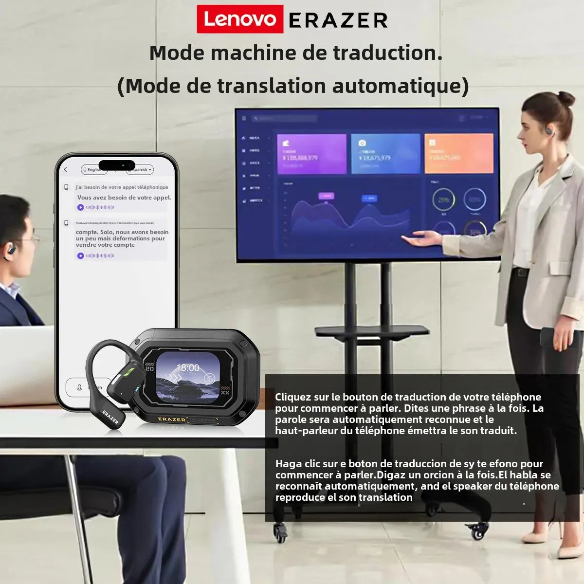 Écouteurs Bluetooth 5.4 Erazer XP6 écran tactile - Traducteur 31 langues intégré