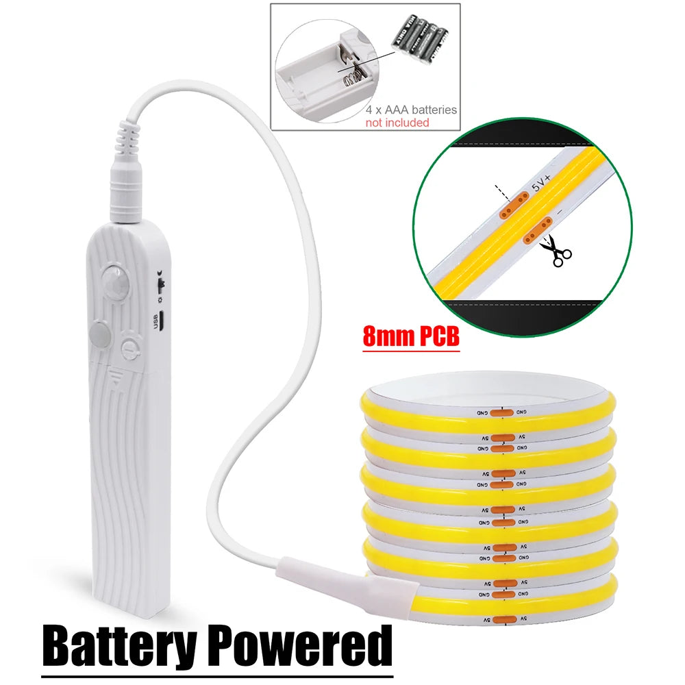 Bande 320 LED COB 5V avec Capteur de Mouvement, Flexible & Rechargeable USB – 8 Couleurs & 5 Tailles