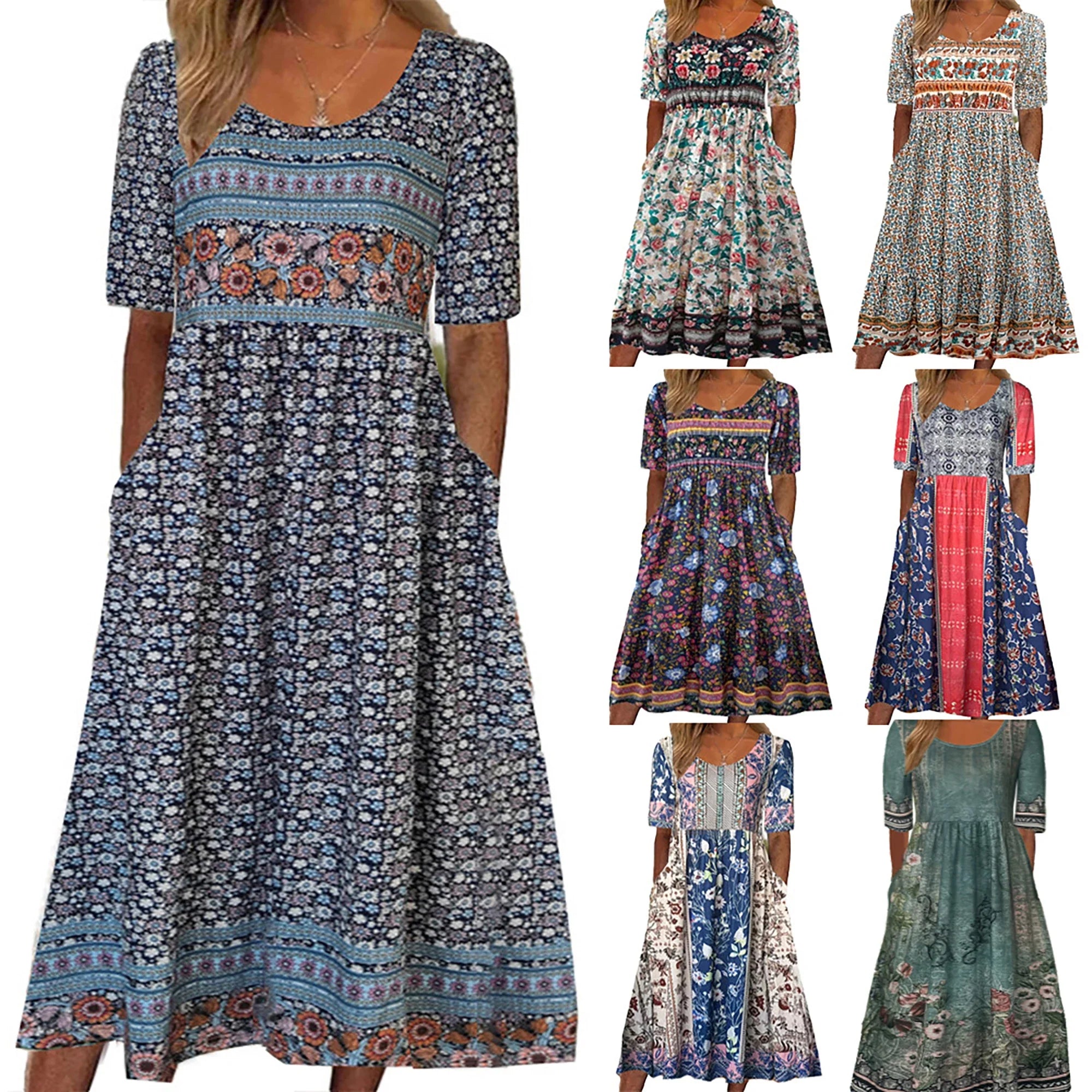 Robe Mi-Longue à Imprimé Boho avec Manches