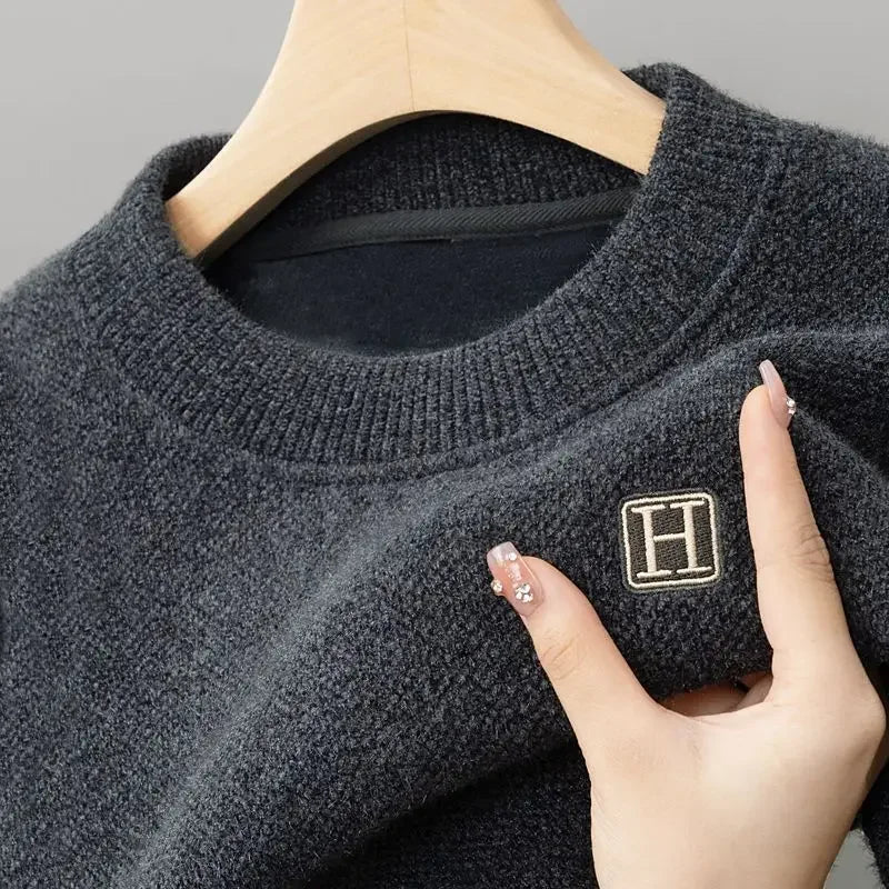 Pull en Maille à Col Rond et Logo Brodé Homme