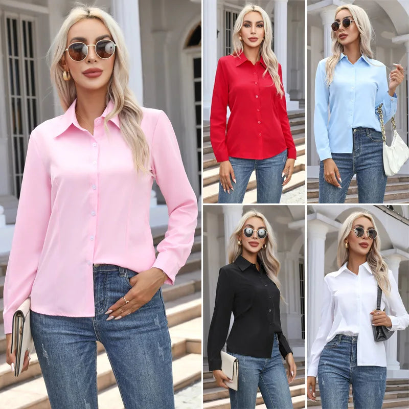 Chemise Femme Unie Manches Longues Col Rabattu
