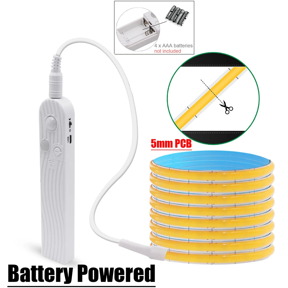 Bande 320 LED COB 5V avec Capteur de Mouvement, Flexible & Rechargeable USB – 8 Couleurs & 5 Tailles