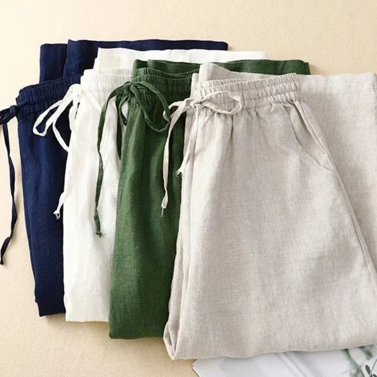 Pantalon Rétro en Coton & Lin Ample Femme - Mi-Saison
