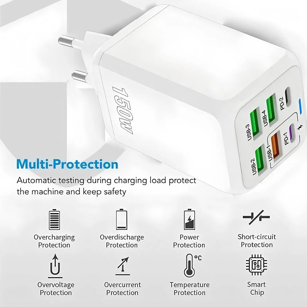 Chargeur USB 150W à 6 Ports et Charge Rapide 3.0 - Câble USB-C OFFERT