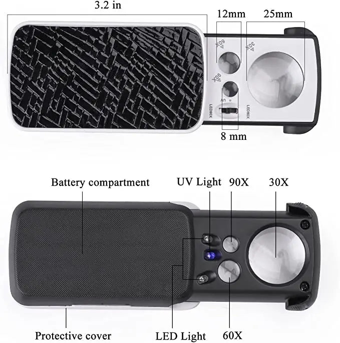 Mini loupe rétractable 30x, 60x, 90x avec LED et Lumière UV