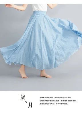 Jupe Longue en Coton & Lin à Taille Haute Élastique