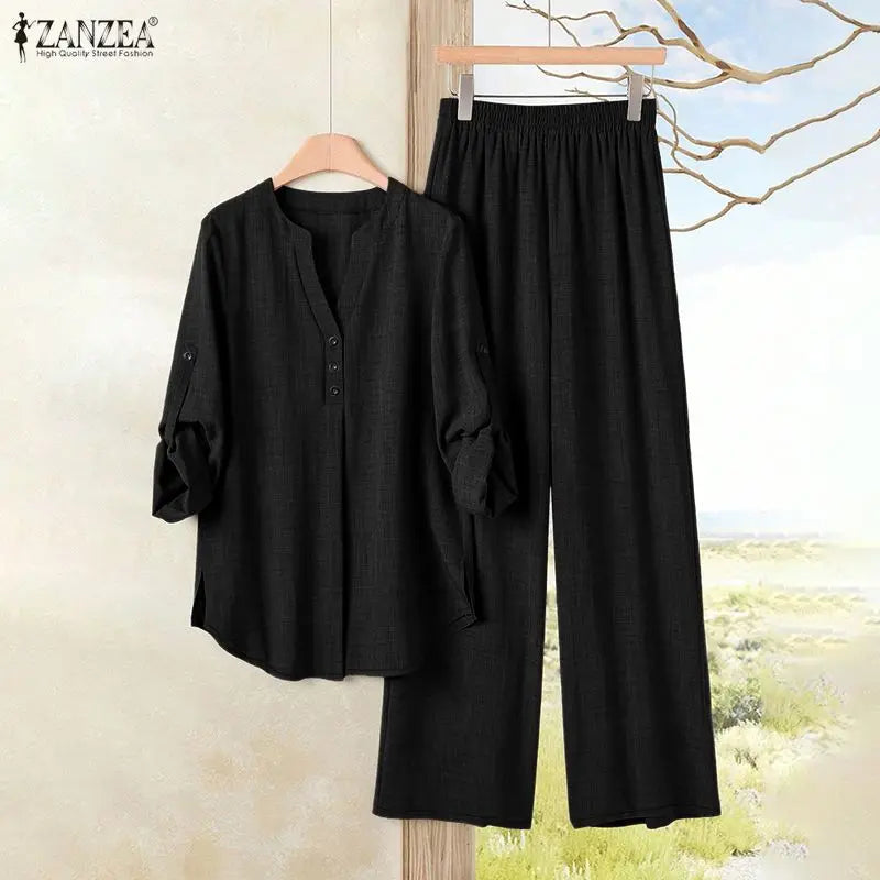 Ensemble Femme 2 Pièces – Blouse Semi-Boutonnée et Pantalon Large Décontracté