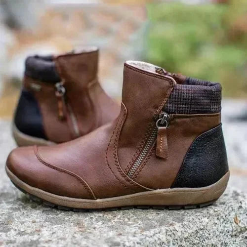 Bottines en Cuir PU & Motif Carreaux à Fermeture Éclair