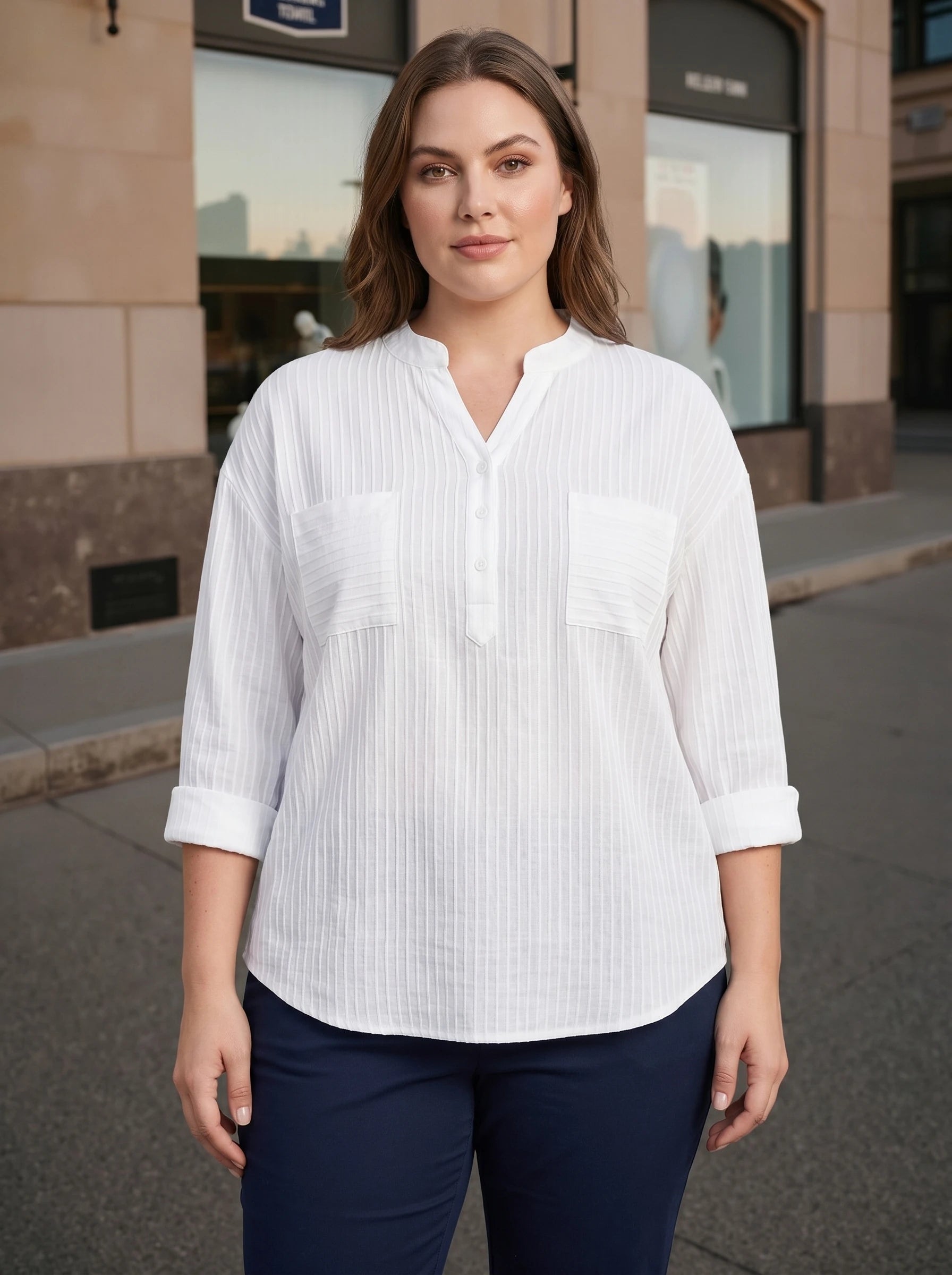 Chemise Col Mao à Boutons Manches 3/4 Retroussables & Poches - Femme