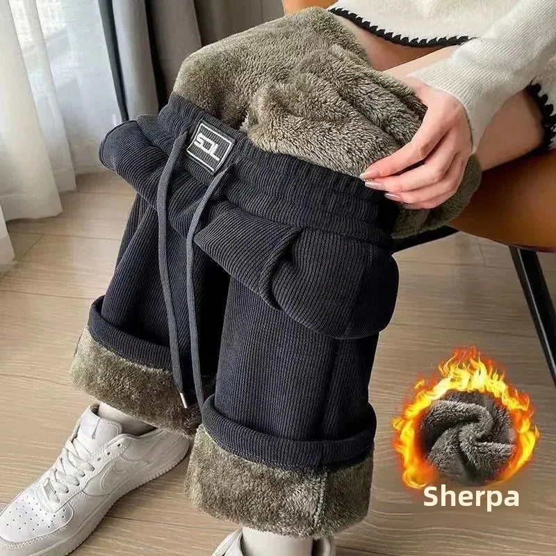 Pantalon Chaud & Ample en Velours Côtelé avec Double en Fourrure