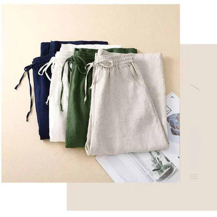 Pantalon Rétro en Coton & Lin Ample Femme - Mi-Saison