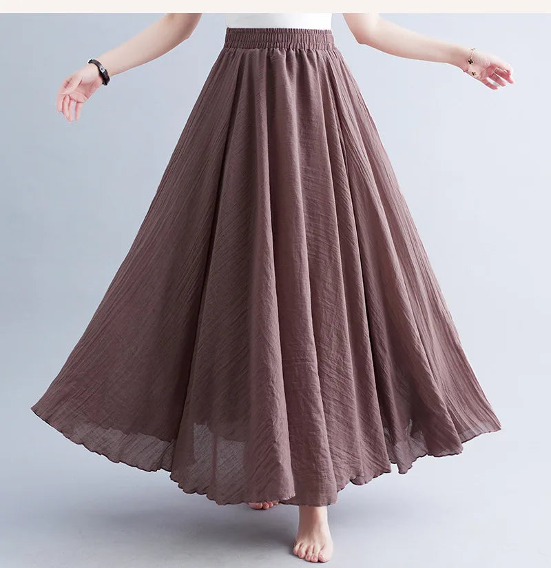 Jupe Longue en Coton & Lin à Taille Haute Élastique