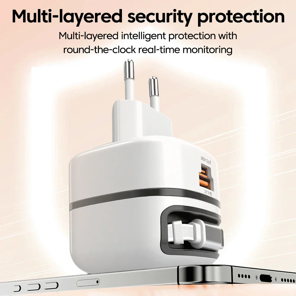 Chargeur Rapide 65W 2 Ports + Câble Rétractable