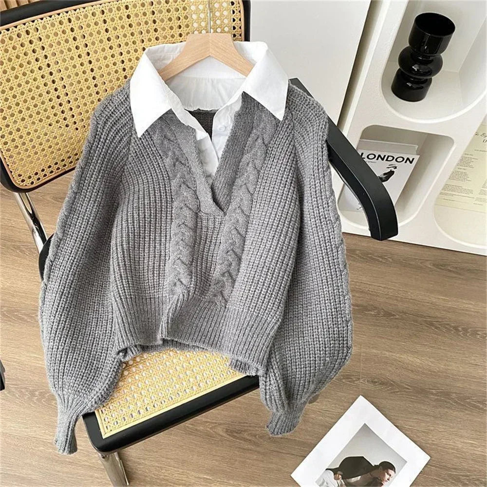Pull en Maille Tressé 2 en 1 avec Chemise à Col V