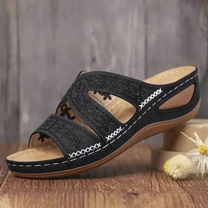 Sandales Mules Ortho+ à Talon Compensé à Motif Fleurs Cousues