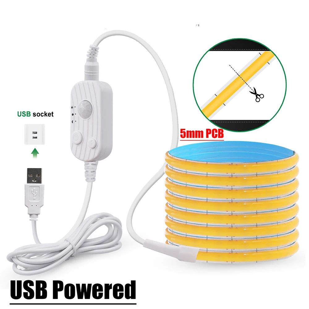 Bande 320 LED COB 5V avec Capteur de Mouvement, Flexible & Rechargeable USB – 8 Couleurs & 5 Tailles
