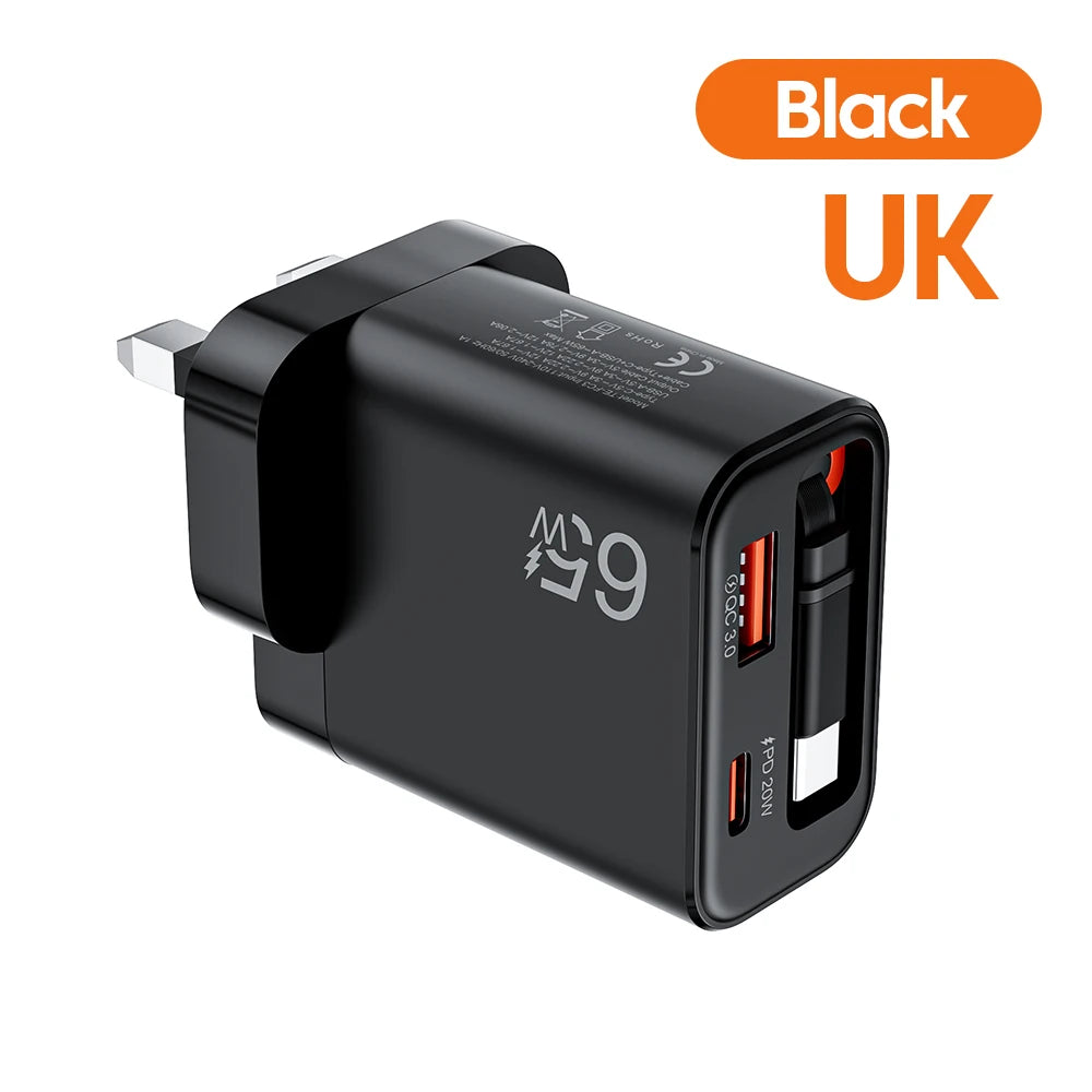 Chargeur Rapide 65W USB-C avec Câble Retractable