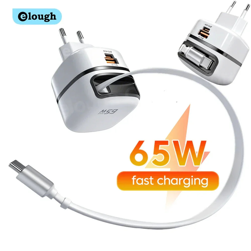 Chargeur Rapide 65W 2 Ports + Câble Rétractable