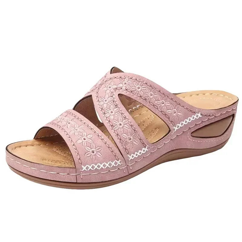Sandales Mules Ortho+ à Talon Compensé à Motif Fleurs Cousues