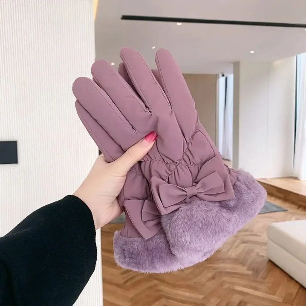 Gants chauds & imperméables intérieur fausses fourrure avec noeud