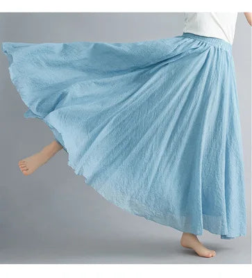 Jupe Longue en Coton & Lin à Taille Haute Élastique