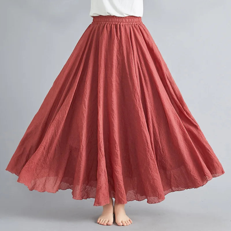 Jupe Longue en Coton & Lin à Taille Haute Élastique
