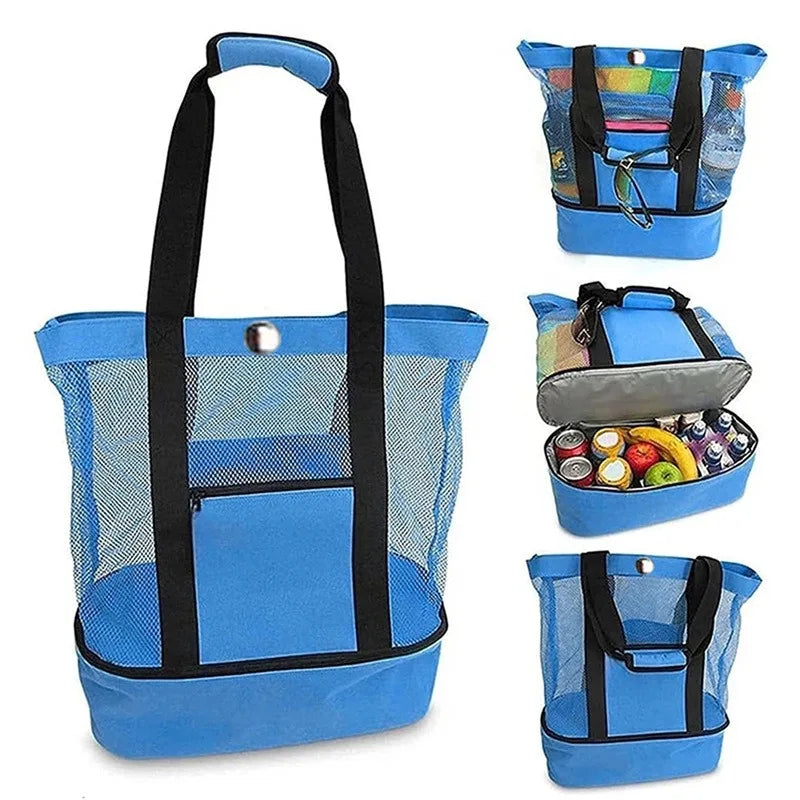Grand Sac de Plage en Maille avec Compartiment Isotherme – Fourre-Tout pour Pique-Nique, Camping et Loisirs