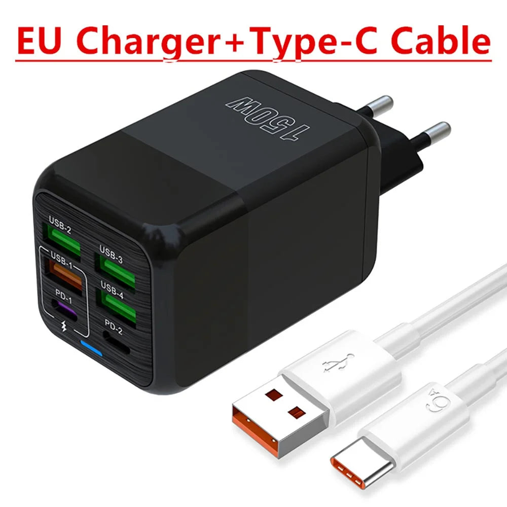 Chargeur USB 150W à 6 Ports et Charge Rapide 3.0 - Câble USB-C OFFERT