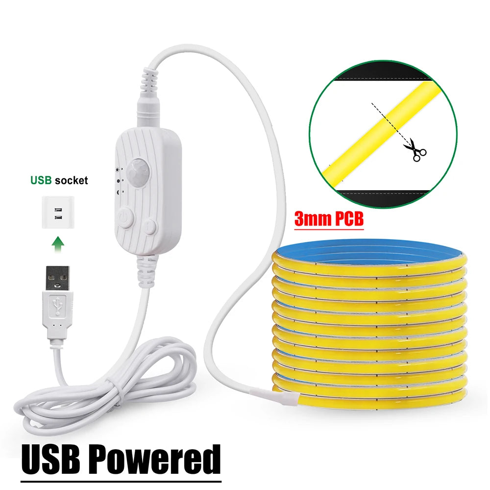 Bande 320 LED COB 5V avec Capteur de Mouvement, Flexible & Rechargeable USB – 8 Couleurs & 5 Tailles