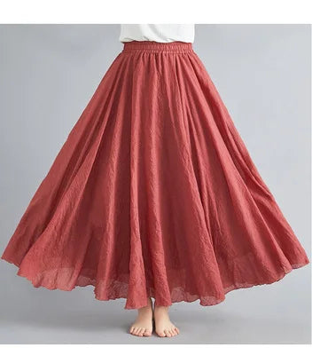 Jupe Longue en Coton & Lin à Taille Haute Élastique