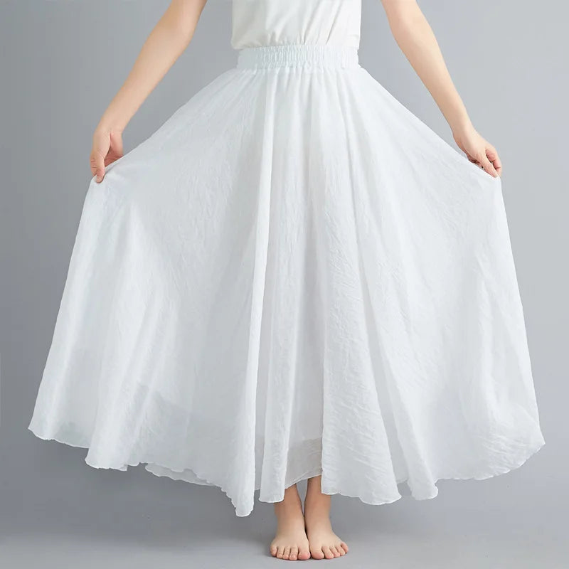 Jupe Longue en Coton & Lin à Taille Haute Élastique