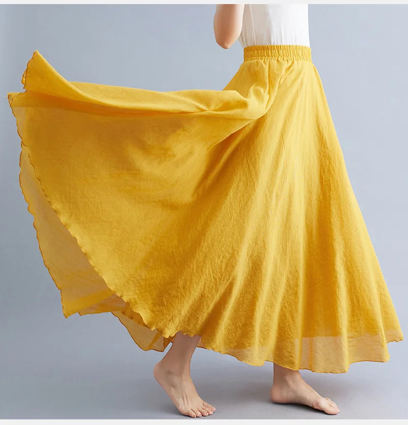 Jupe Longue en Coton & Lin à Taille Haute Élastique