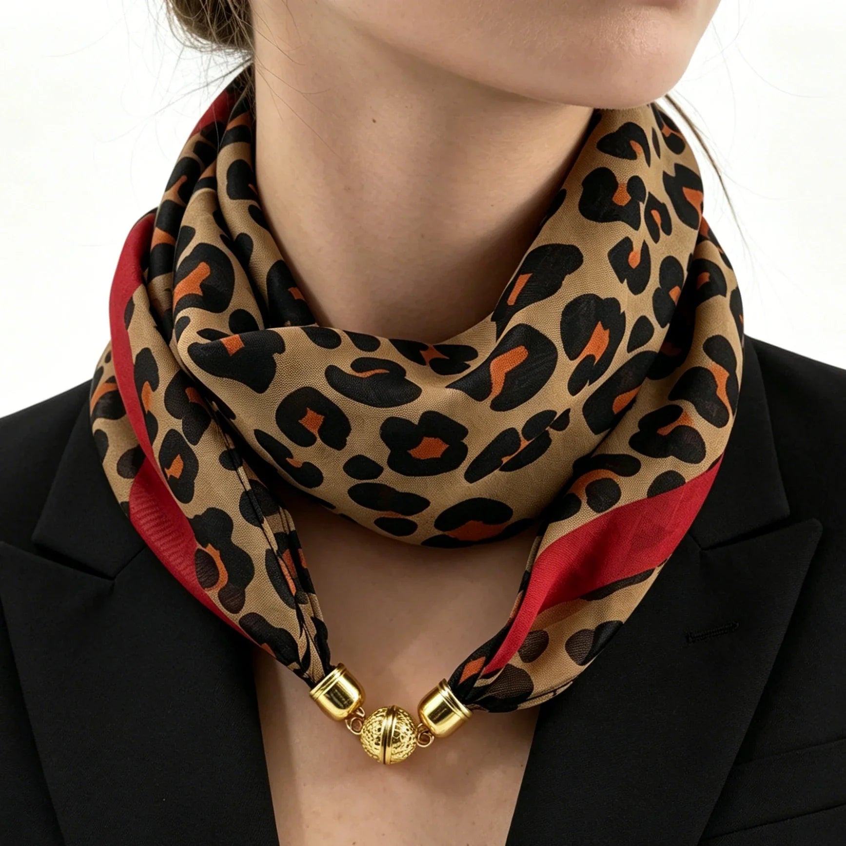 Foulard en Mousseline à Motifs Léopard Femme 60CM– Fermeture à Boucle Magnétique